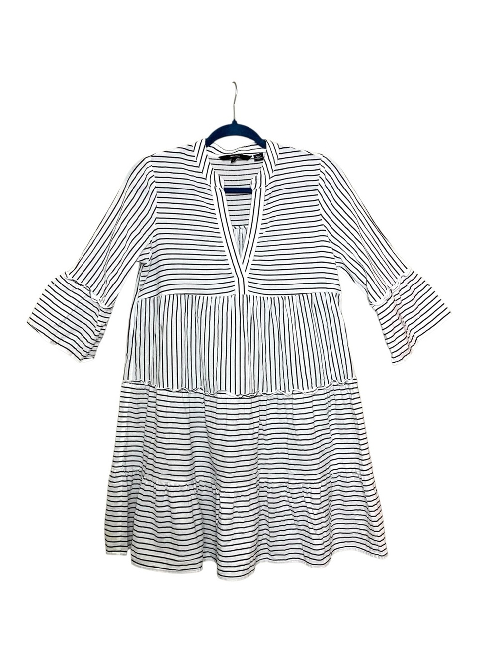 White Cotton Dress with Black Stripes and Tiered Skirt 3/4 Sleeves Sz S